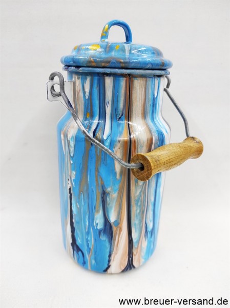 Mit Pouring Technik gestaltete (bemalte) 1 Liter Milchkanne, Motiv: Blue Color Flow