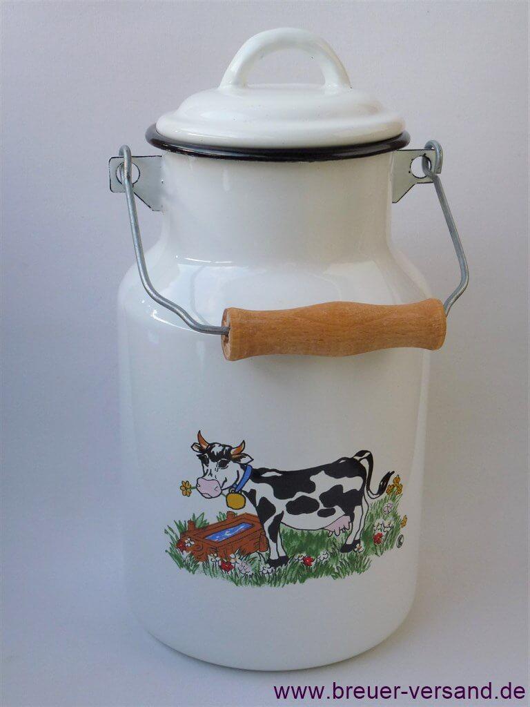 Emaillierte Milchkanne 2 Liter, weiß, Motiv Kuh
